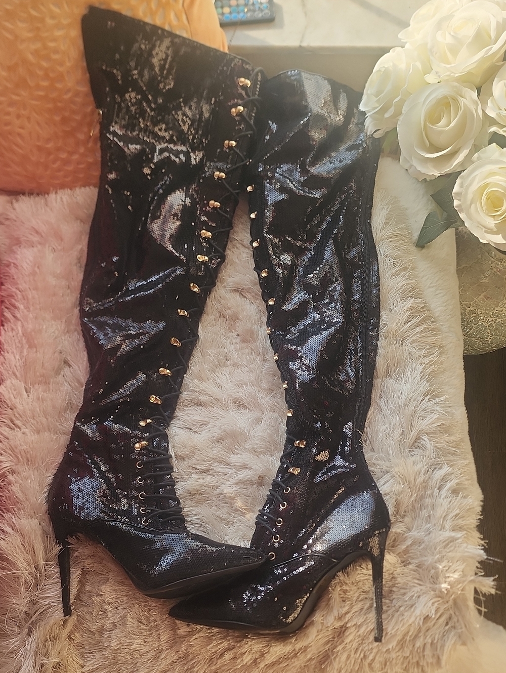 ♥️LIKE NEW Black Sequin Over-the-Knee Lace-Up Stiletto Boots!